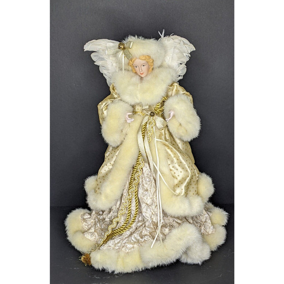 Angel Tree Topper 17" Gold Ivory Porcelain Face & Hands Feather Wings Fur Robe - Picture 9 of 9